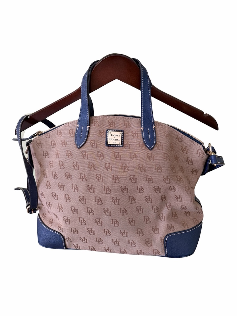 Dooney & Bourke Beige Logo Satchel Navy Trim Gold Hardware Long Strap